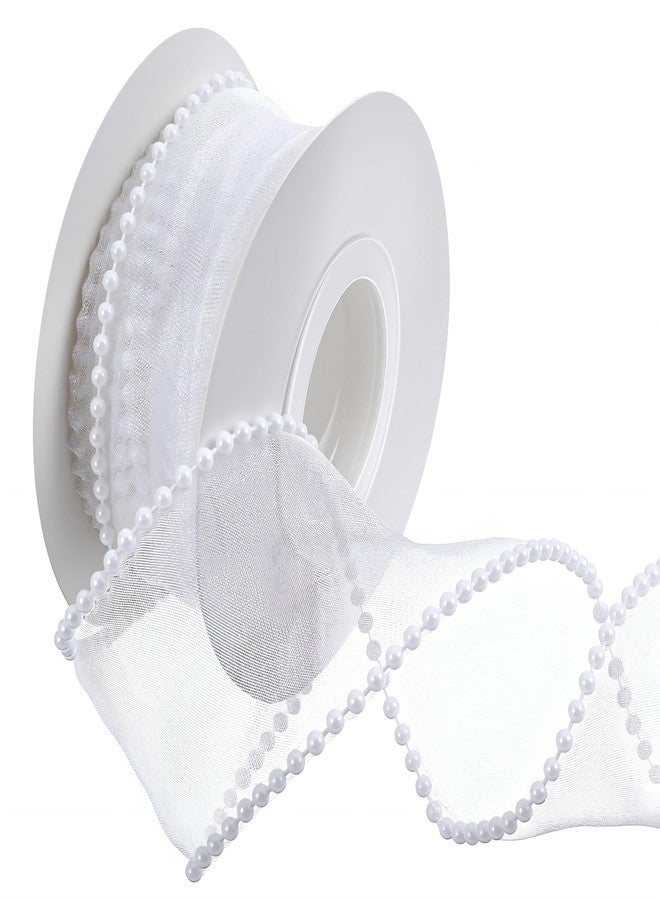 Nogeqi 1.5 Inch Faux Pearl Ribbon, Smooth White Ribbon with Pearl Edges Wire, 4.5m Sheer Mesh Ribbons for Gift Wrapping Christmas, Bows Bouquet Decor Crafts, Wedding Bridal Decorations - Image 1
